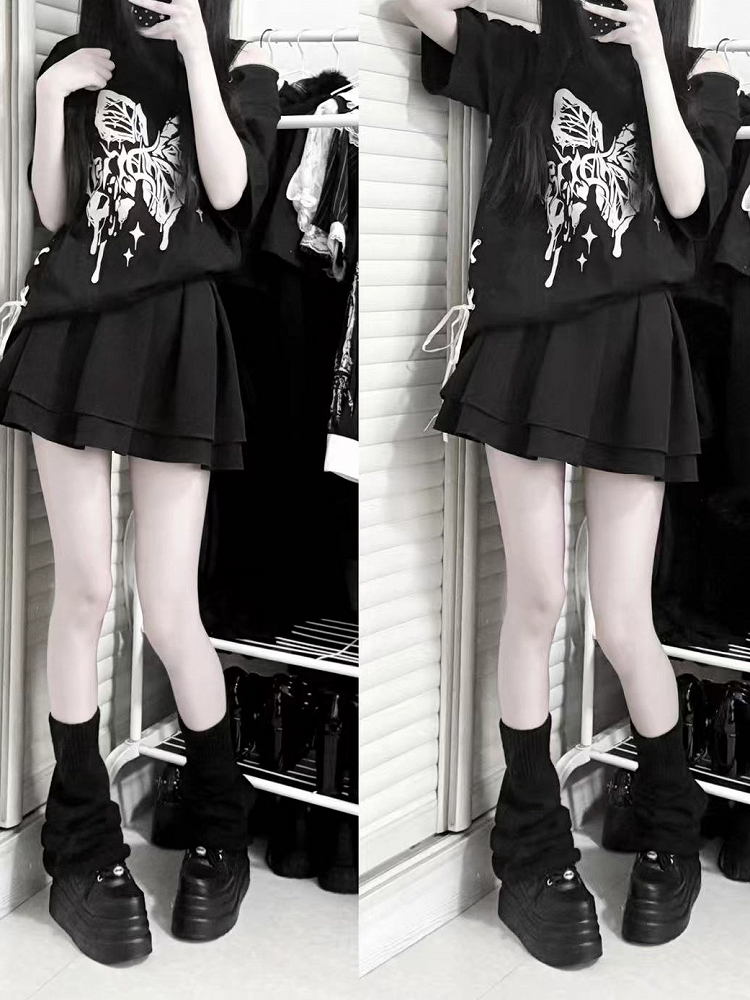 Kei T-shirt Jirai Broken Butterfly Print Lace-up Side Black/White