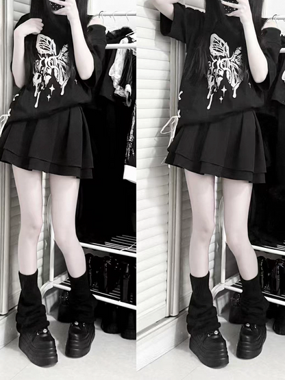 Kei T-shirt Jirai Broken Butterfly Print Lace-up Side Black/White