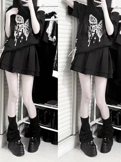 Broken Butterfly Print Lace-up Side Black/White Kei T-shirt Jirai