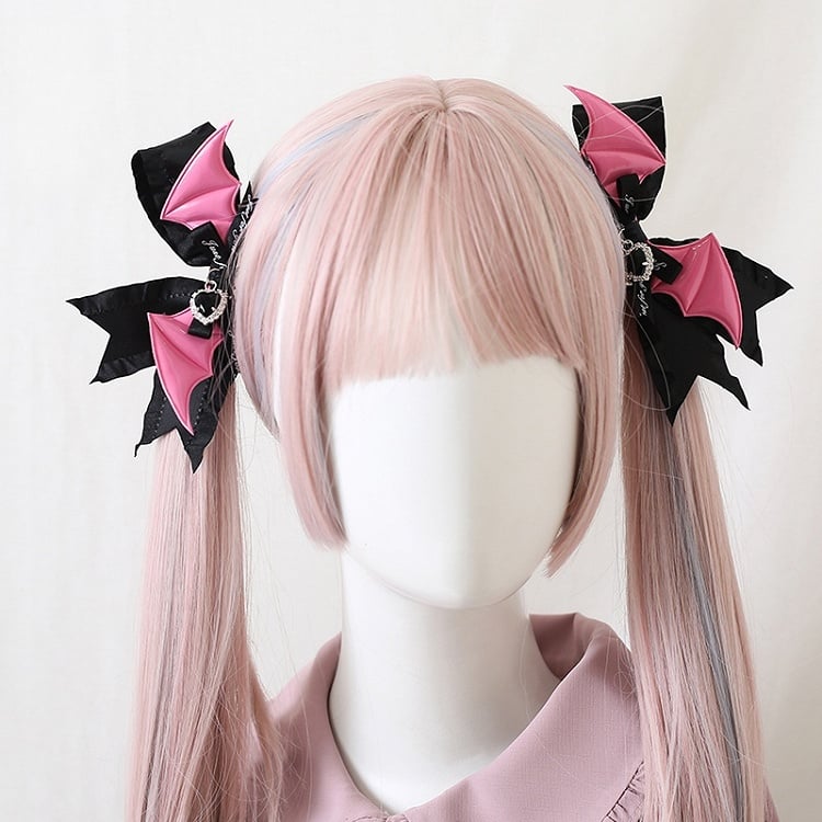 8 Colors Jirai Kei A Pair of Bowknot Hairclips With Wings and Heart - shaped Charms