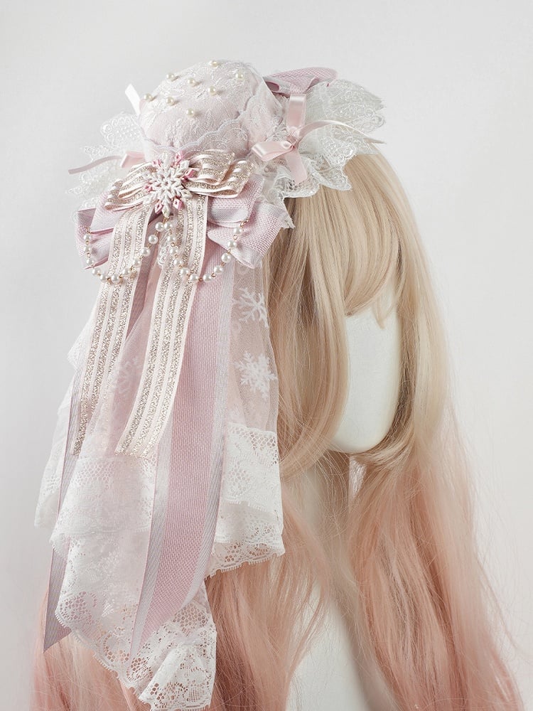 ピンクの大きなリボンレーストリム、スノーフレークビーズチェーンミニハット+スノーフレークレースベール
