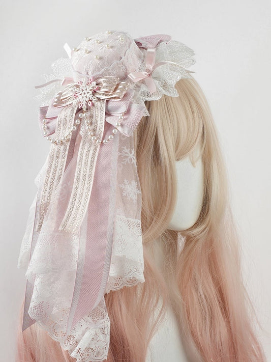 Pink Big Bow Lace Trim Snowflake Beaded Chain Mini Hat+Snowflake Lace Veil