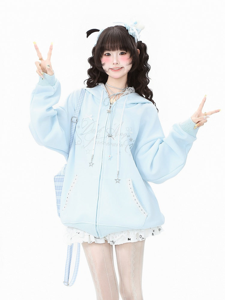 Accent with Bow Hoodie Letter Blue/Black/Pink and Print Lace-Trimmed