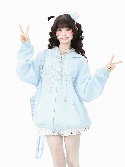 Accent with Bow Hoodie Letter Blue/Black/Pink and Print Lace-Trimmed