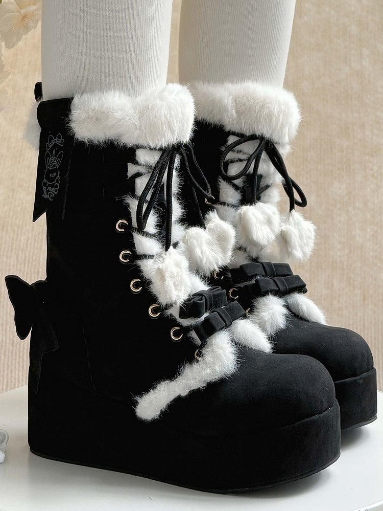 Lined in Sweet 4cm Black Romantic Lolita Boots Plush Bow Accents Platform