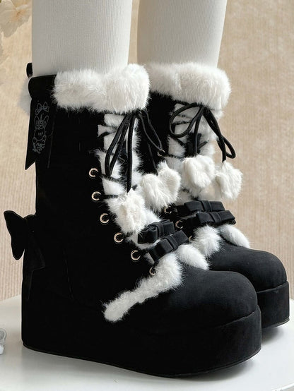 Lined in Sweet 4cm Black Romantic Lolita Boots Plush Bow Accents Platform
