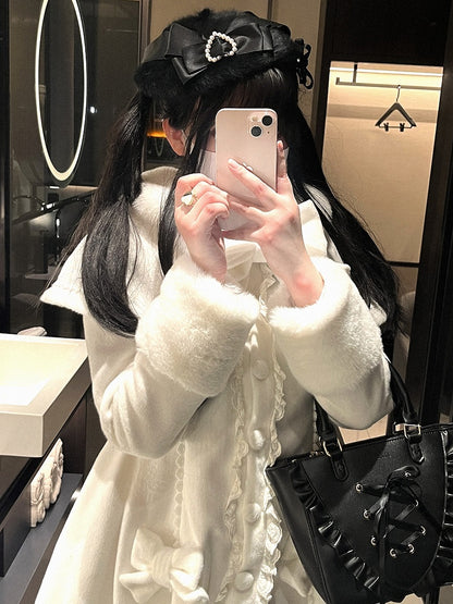 Jirai Kei Schwarz/Weiße Plüschbaskenmütze mit Schleifendetails