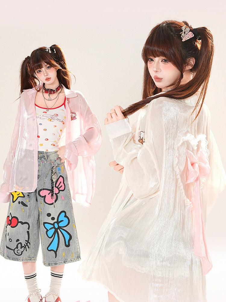 ハートピンク/アプリコットサンプロテクションシャツ フリルバックリボンディテール