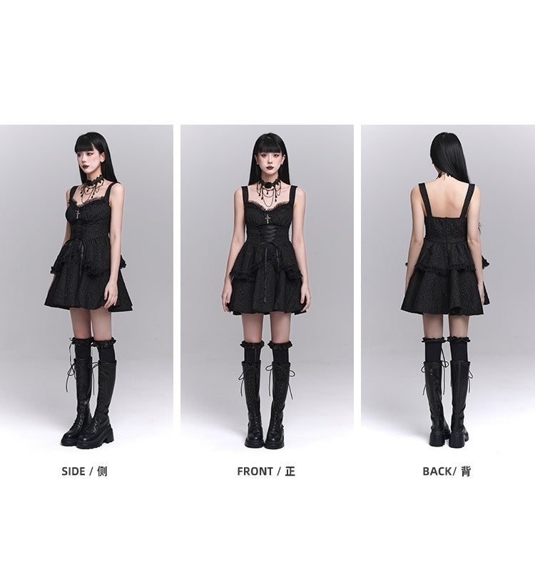 スカート ゴシック ブラック スウィートハートネックライン レースアップフロント ティアード