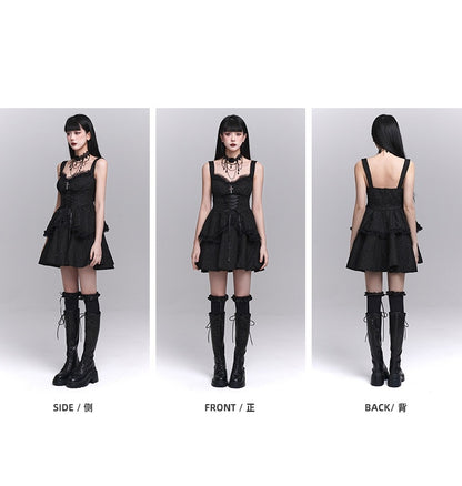 スカート ゴシック ブラック スウィートハートネックライン レースアップフロント ティアード