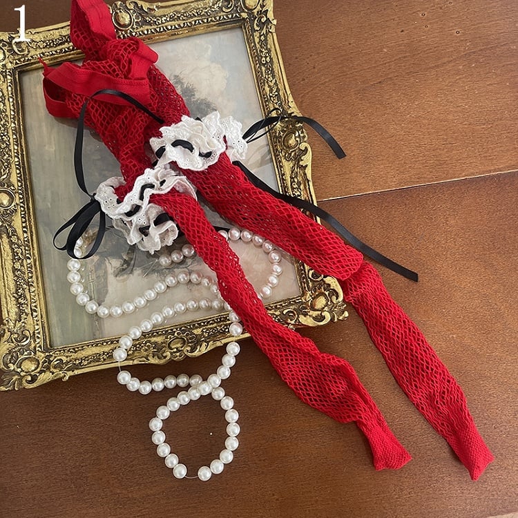 Stockings Socks/Polka-dot Tights/Black Fishnet Pattern Floral Tulle Underknee Lace Red