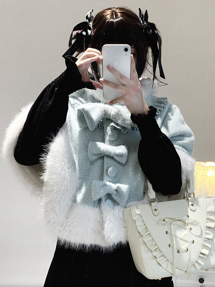 Hooded Colors Faux Jirai Fur with Bow Kitty Decor Detachable Kei Trim 3 Ear Cape