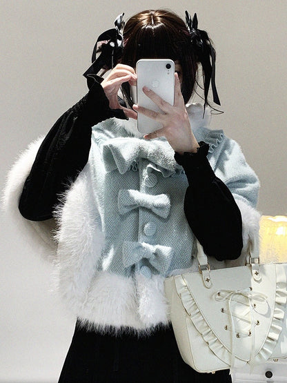 Hooded Colors Faux Jirai Fur with Bow Kitty Decor Detachable Kei Trim 3 Ear Cape