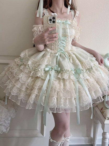 Bow Ballet-Style Details Multi-Layer Dress Cute Lace / JSK with + Ribbon Princess Train Large Green Skirt Only
