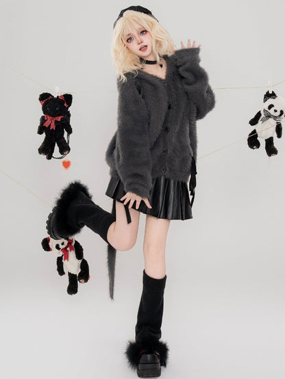 Dunkelgraue, flauschige Strickjacke mit Kapuze und Hasenohren