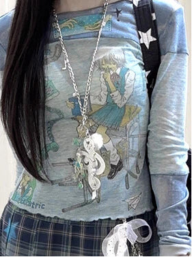 Neck Print with Top Blue Round Cartoon