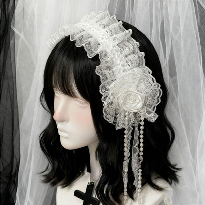 Trim Design White Hairband Pearl Floral Lace Gothic