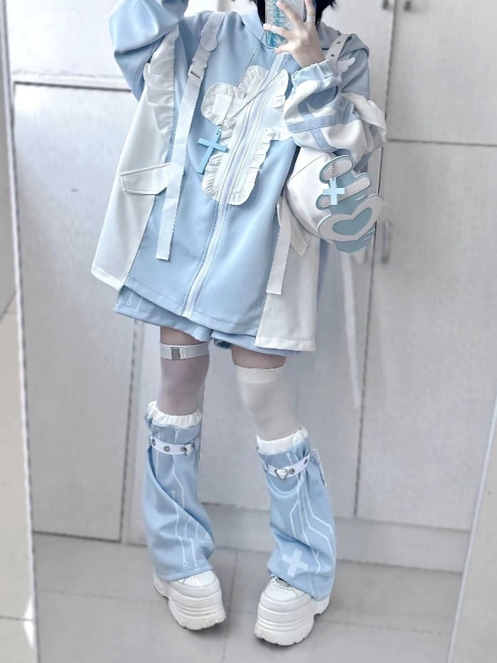 Tenshi Kaiwai Light Blue Yami Kawaii Cross Cat Ear Hoodie Shorts Leg Warmers Set