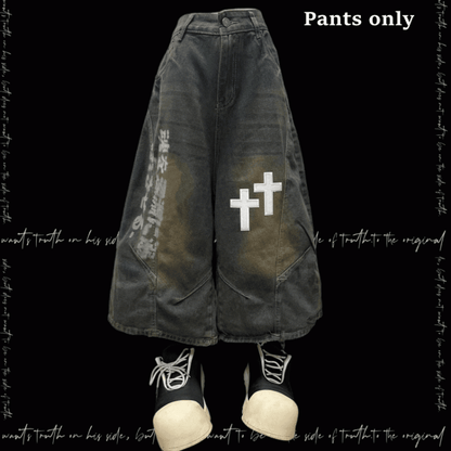 Blue Dark Wide-Leg Jeans Faded Wash Cross Appliques Distressed