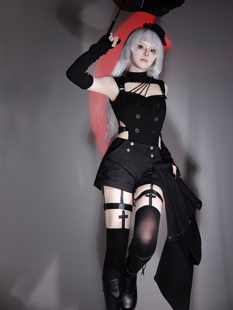 Gothic Lolita Black Top with Asymmetrical Design, Metal Buckle Detail, Shorts and Wrist Cuffs Set - Unknown Star