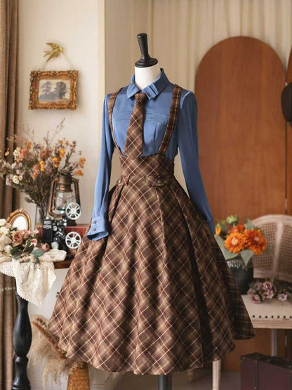 Style Vintage Brown Skirt Overall High Waist Tie Preppy with Plaid Tonal