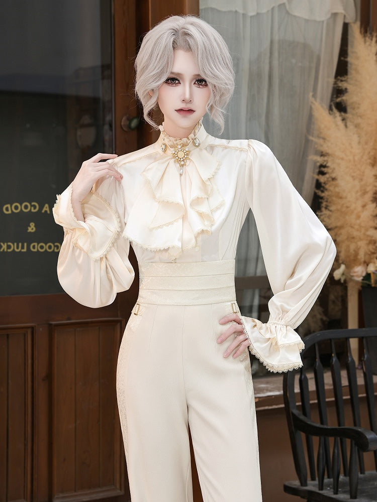 Ivory Ruffled High-Neck Poet Shirt with Jabot Tie - DevilInspired Exclusive Collection