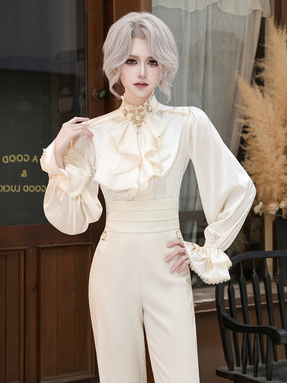Ivory Ruffled High-Neck Poet Shirt with Jabot Tie - DevilInspired Exclusive Collection