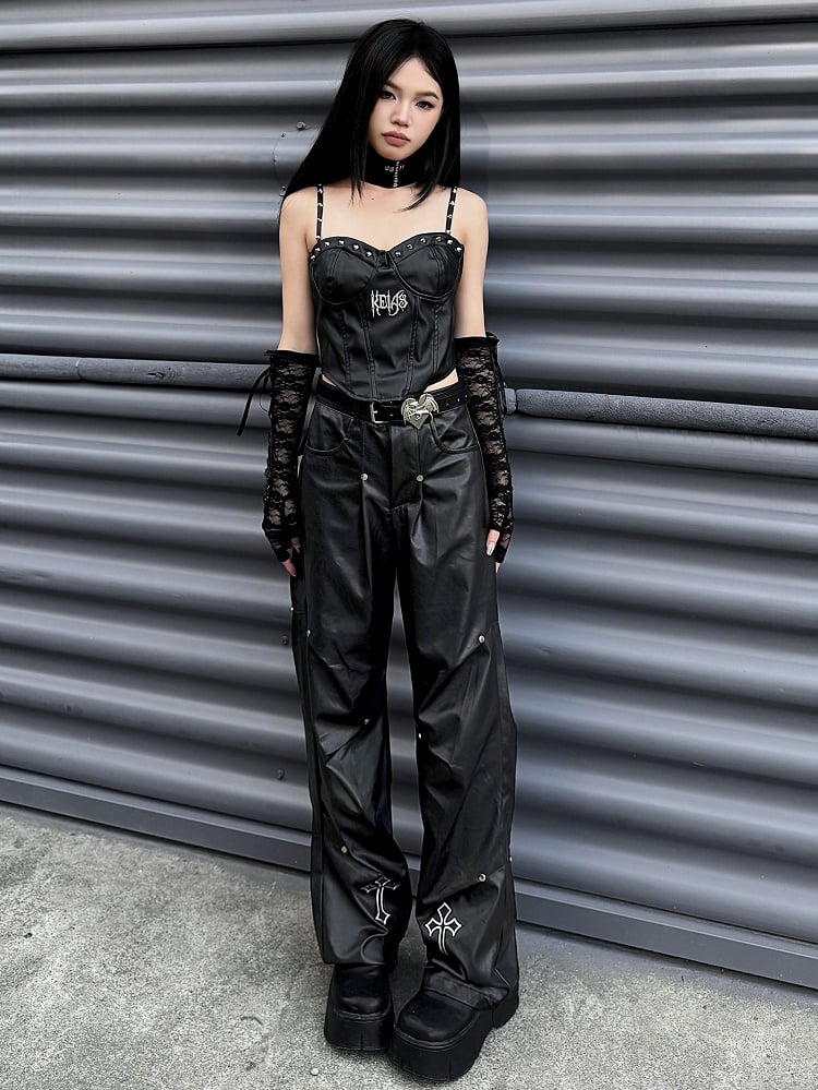 パンクロック ブラック クロス アップリケ スタッズ カーゴパンツ ベルト付き
