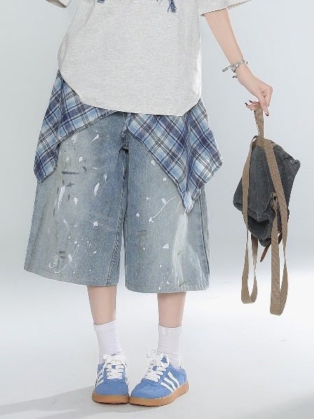 Blue Splatter Design Jeans with Plaid Skirt Hem - Rayohopp