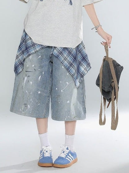 Blue Splatter Design Jeans with Plaid Skirt Hem - Rayohopp