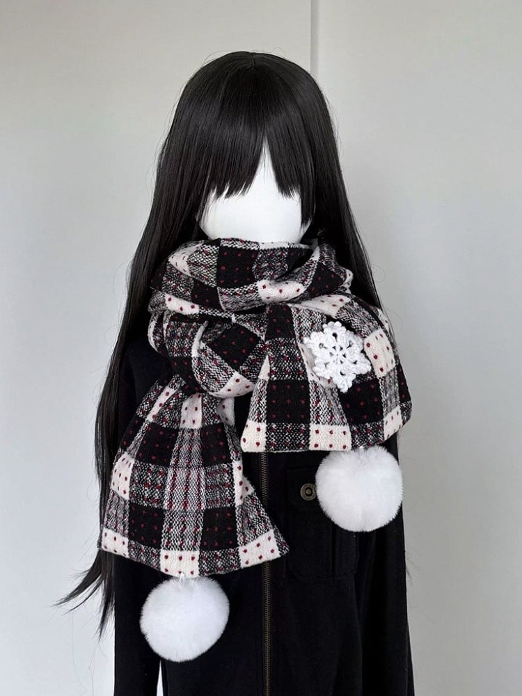 Plaid Kawaii Scarf with White Pom-Pom Trim - freetrader