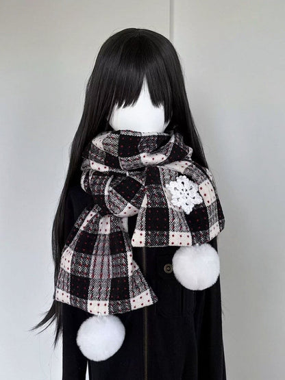 Plaid Kawaii Scarf with White Pom-Pom Trim - freetrader