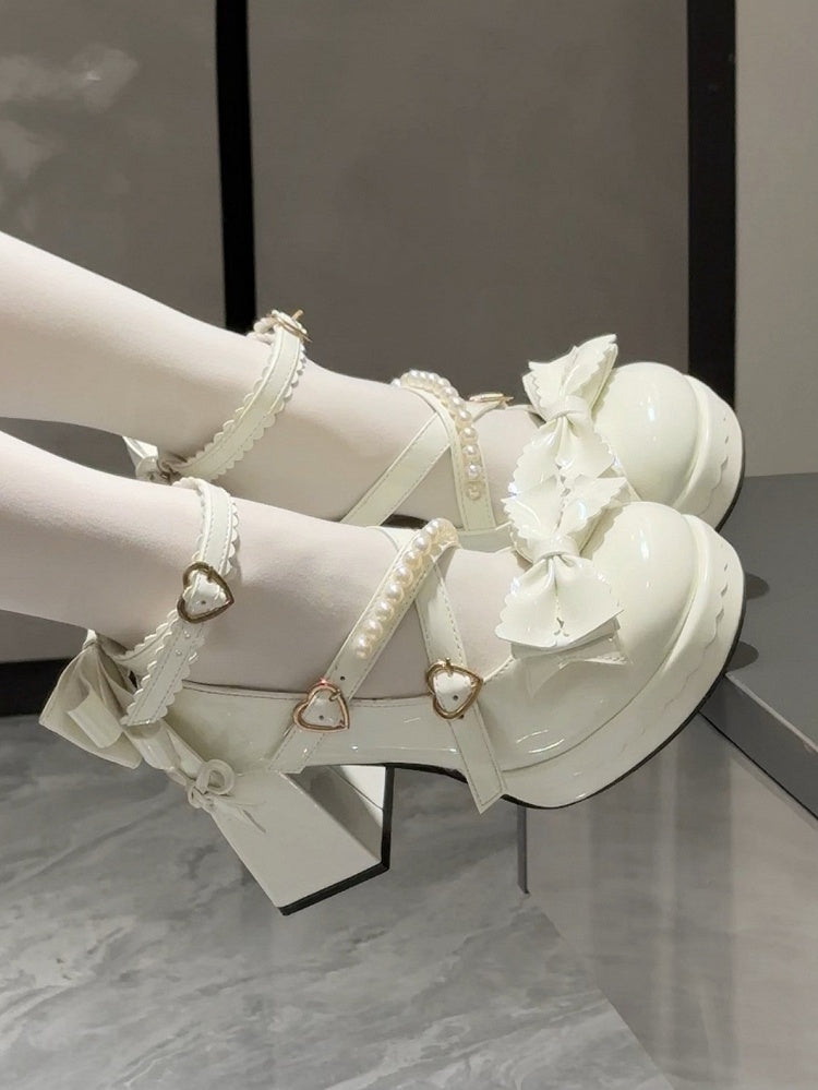 Plateau Mary Block mit überkreuzten Riemen - Janes Heel Schnalle High Sweet Lolita Weißes Herz Perlen