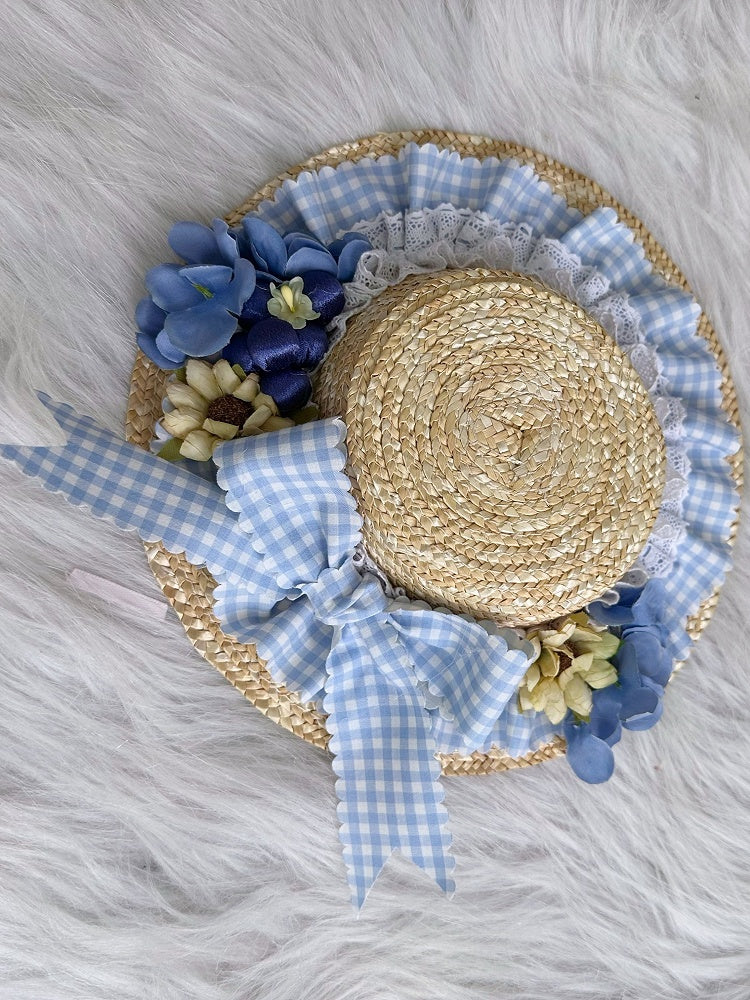 Blue Straw Country Lace Light Lolita Mini Floral Hat Gingham