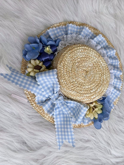 Blue Straw Country Lace Light Lolita Mini Floral Hat Gingham