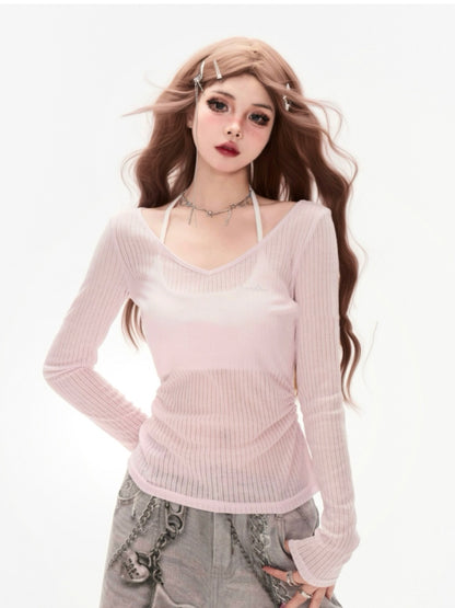 Pink V-Neck Sun Protection Semi-Sheer Coverup Light Yellow/Light