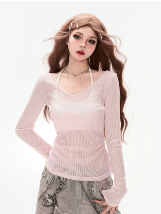 Pink V-Neck Sun Protection Semi-Sheer Coverup Light Yellow/Light