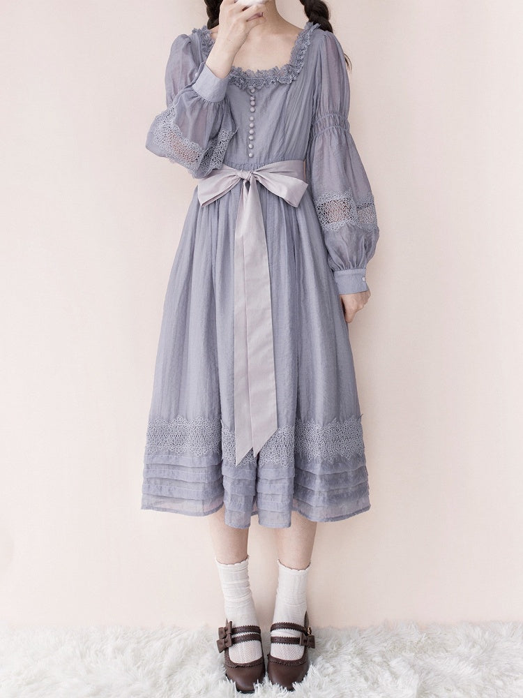 Purple Square Neck Classic Lolita Long Sleeve OP