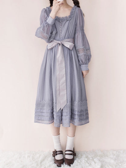 Purple Square Neck Classic Lolita Long Sleeve OP