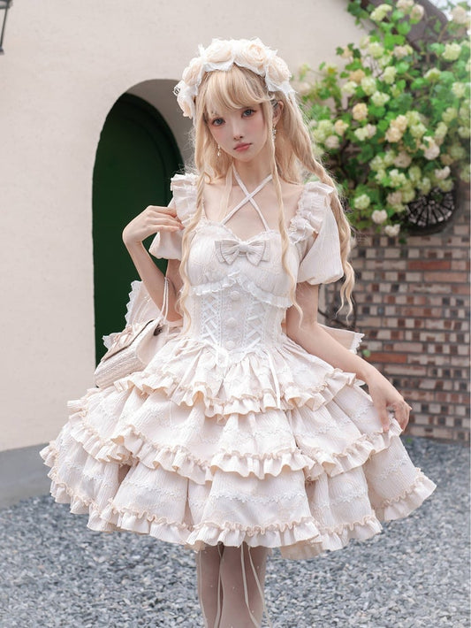 Rücken mit Korsett OP Große Rüsche am Kleid Champagner Rock Schleife Taille Lolita Prinzessin