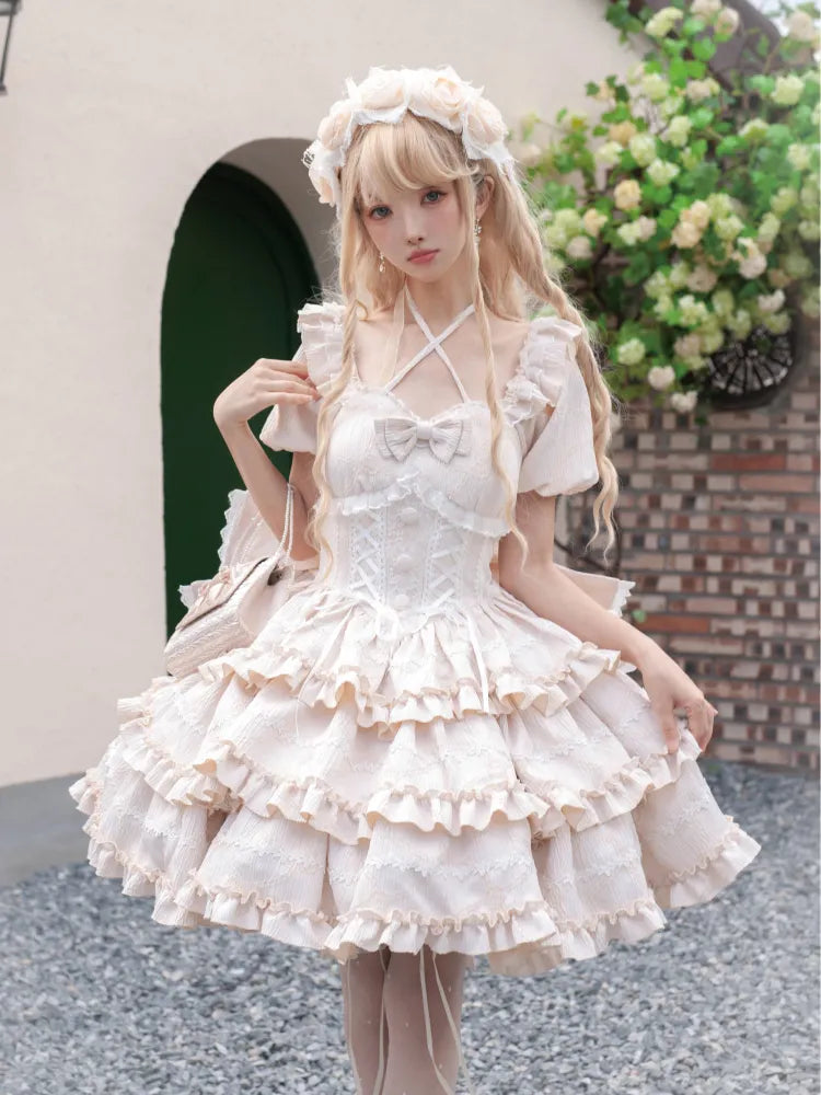 Rüschen Lolita Rock Prinzessin Korsett Taille Kleid Champagner OP mit
