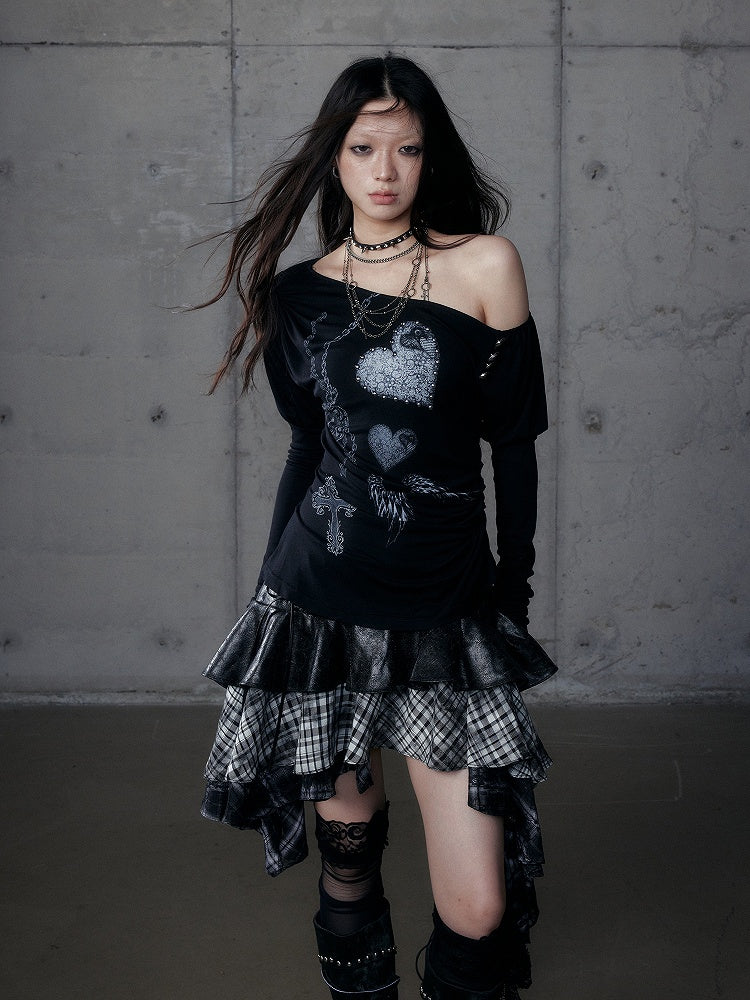 Grunge Ästhetischer Hals Punk Schwarz Seitliche Stretch-Knopfdetails Asymmetrisches Top mit