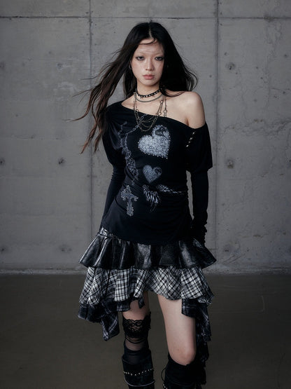 Grunge Ästhetischer Hals Punk Schwarz Seitliche Stretch-Knopfdetails Asymmetrisches Top mit