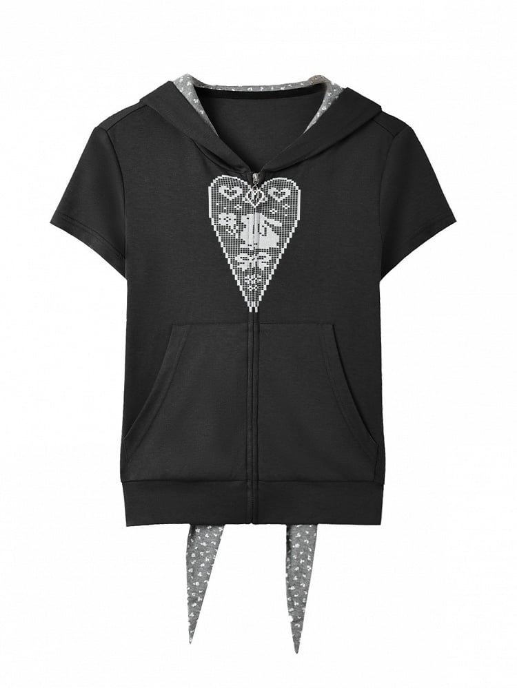 Dark Gray Bunny Ear Hoodie with Pixel Print - Kyouko Baby
