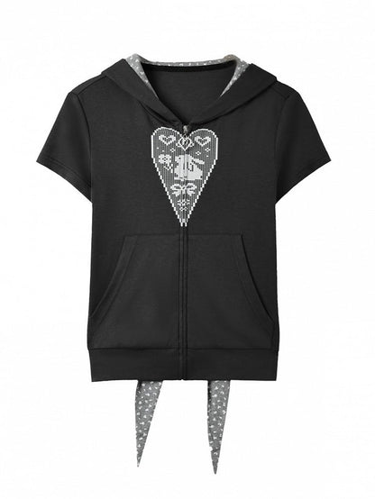 Dark Gray Bunny Ear Hoodie with Pixel Print - Kyouko Baby