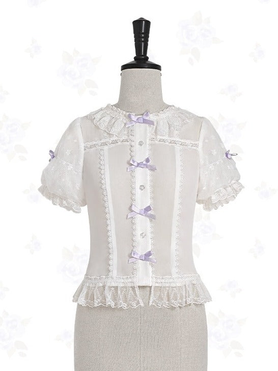 Ivory Blouse with Voluminous Sleeves, Frilly Edging & Ribbon Tie - Stars Fall on the Foggy Island