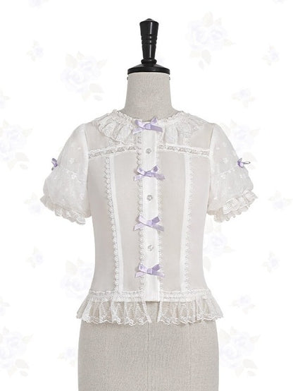 Ivory Blouse with Voluminous Sleeves, Frilly Edging & Ribbon Tie - Stars Fall on the Foggy Island