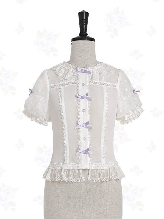 Ivory Blouse with Voluminous Sleeves, Frilly Edging & Ribbon Tie - Stars Fall on the Foggy Island