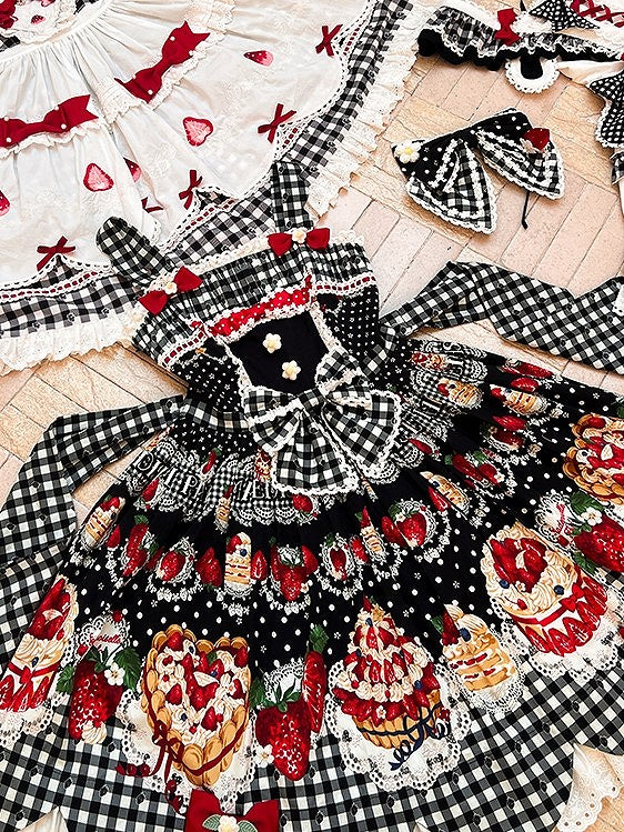 Strawberry Lolita Trim JSK Black Dress White Eyelet Print Cake with Scalloped