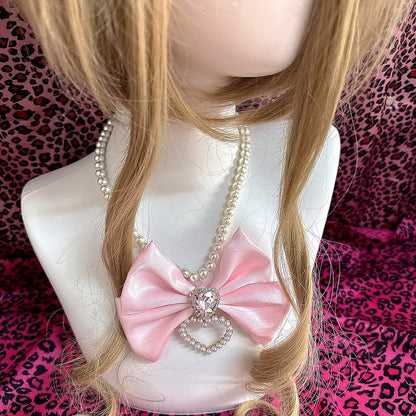 Pink/Rose Rhinestone Bow Red Gyaru Beaded Necklace Heart